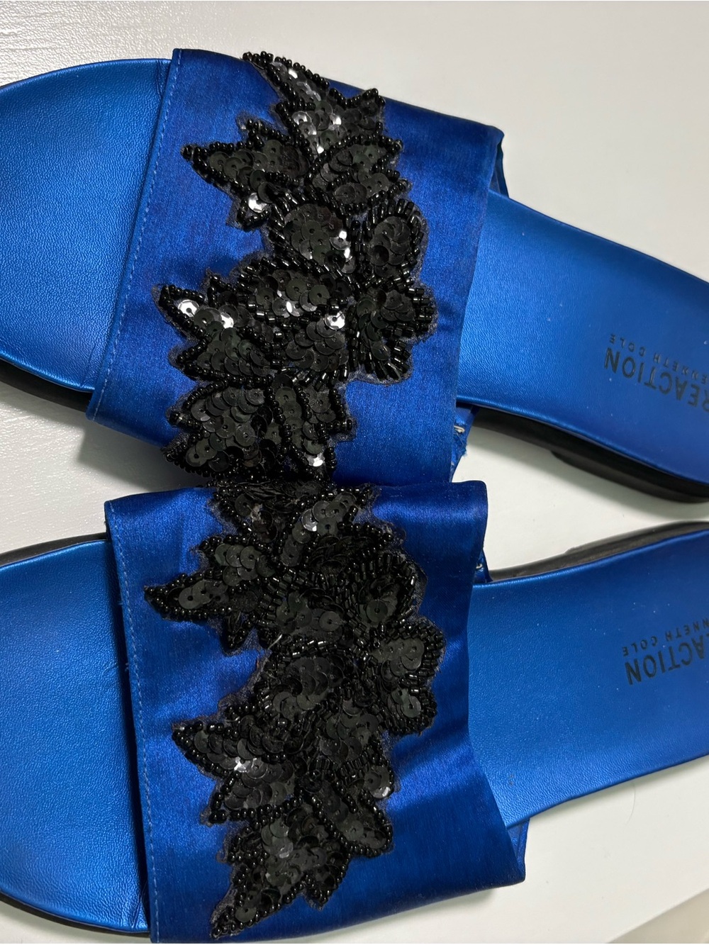 Kenneth Cole Reaction Blue Satin Slide Sandals with Black Beaded Applique